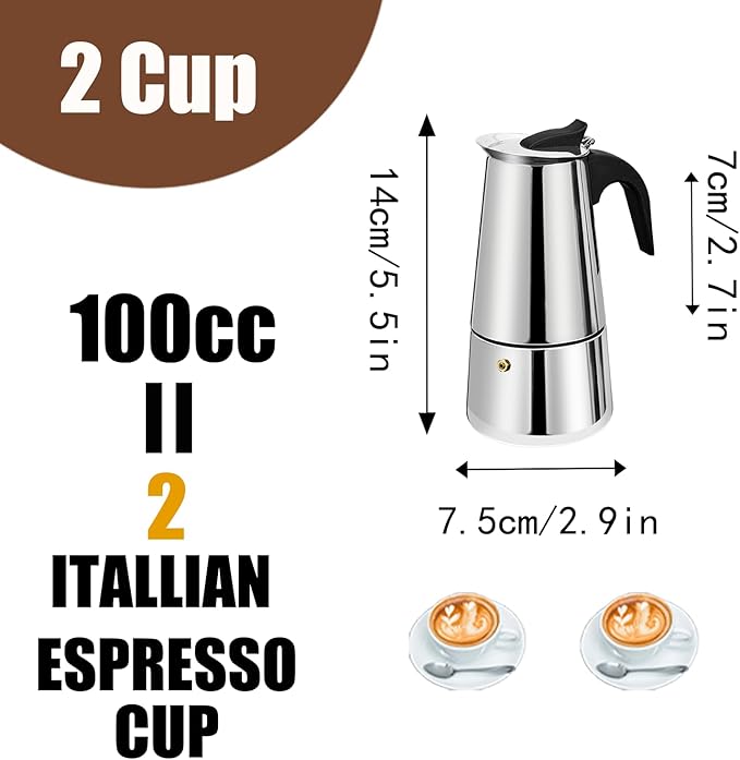 2 Cup Stovetop Espresso Maker Stainless Steel Moka Pot Stove Top Percolator Italian Coffee Makers Capable Mocha Greca Machine Cafe Classic Induction Cookers for Home and Camping 100ml 3.3oz - Image 3