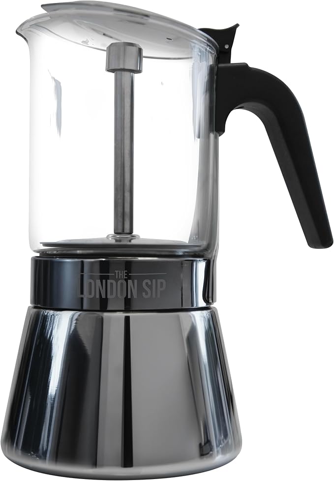 The London Sip Glass and Stainless Steel Stovetop Espresso Maker, Moka Pot Italian Coffee Percolator, Large (15.2 oz) by TheLondonSip