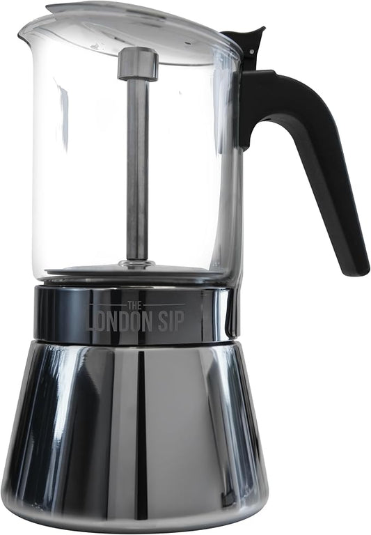 The London Sip Glass and Stainless Steel Stovetop Espresso Maker, Moka Pot Italian Coffee Percolator, Large (15.2 oz) by TheLondonSip
