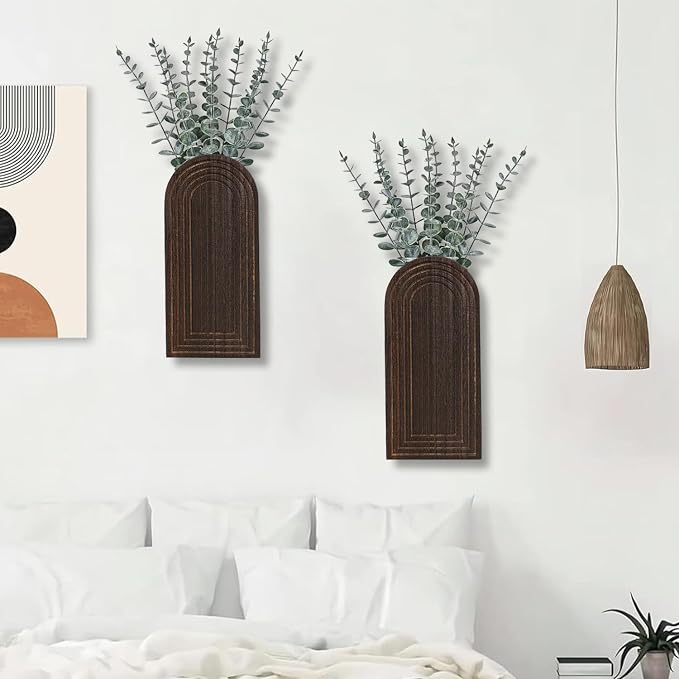 Dnnnii 2 Pack Wooden Wall Vase Set - Dark Brown Finish Modern Farmhouse & Boho Wall Decor for Entryway, Hallway, Bathroom, Living Room, Dining Room, Narrow Spaces - Image 6