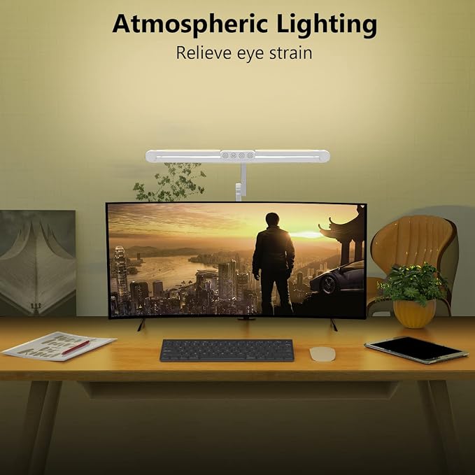Micomlan Led Desk Lamp for Home Office, White Architect Desk Lamp with Clamp for Crafting, 24W Bright Rotatable Led Table Light Stepless Dimming Tempering Wide Computer Light with Atmosphere Lighting - Image 4