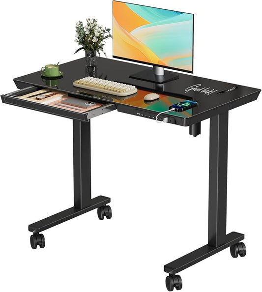 35" Electric Standing Desk with Drawer, One-Piece Glass Top | Quick Install One-Piece Tabletop with USB Charging Ports, Sit Stand Computer Desk with Wheels for Small Space, Black by JYLHJOYSEEKER