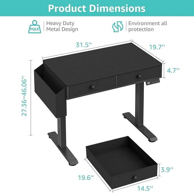 KLUVIS Electric Standing Desk with Drawers - 32 Inch Small Black Height Adjustable Sit Stand Desk with Storage for Home Office Bedroom, Study Writing Compact Stand up Computer Desks for Boys Girl Work - Image 3