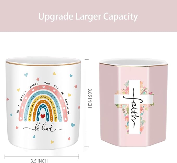 Pen Holder, Ceramic Durable Pencil Cup for Desk， Simple&Modern Style Makeup Organizer, Cute Multifunctional Office Supplies for Home, Kids and School, Rainbow Pattern - Image 3