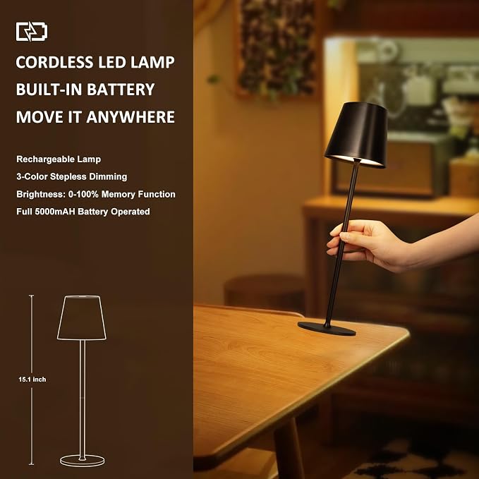 Kakanuo Cordless Table Lamp, 3 Color Stepless Dimming, 5000mAh Rechargeable Battery Powered, Outdoor LED Lamps, for Dining Room, Living Room, Bedroom, Bar, Cafe, Restaurant, Patio, Camping - Black - Image 5