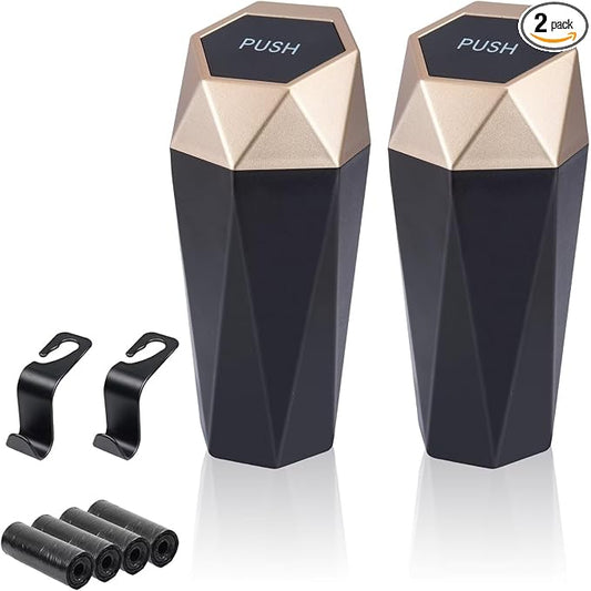 BFXM Car Trash Can, 2 Pack Car Trash Bin with Lid, Car Accessories for Women Interior, Car Garbage Can with Additional 2 ABS Hooks and 60pcs Trash Bags, Suitable for Home, Office, Car Organizer, Gold by BFXM
