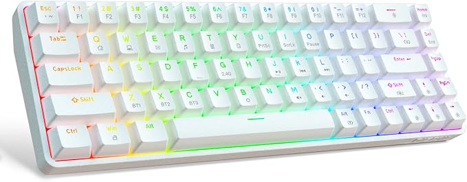 DIERYA DK68 60% Wireless Mechanical Gaming Keyboard, 3-Mode, Bluetooth 5.0/2.4G/USB-C, RGB Backlit, 68-Key Compact Mini for Windows, Mac, Linux - Clicky Blue Switch - White by DIERYA