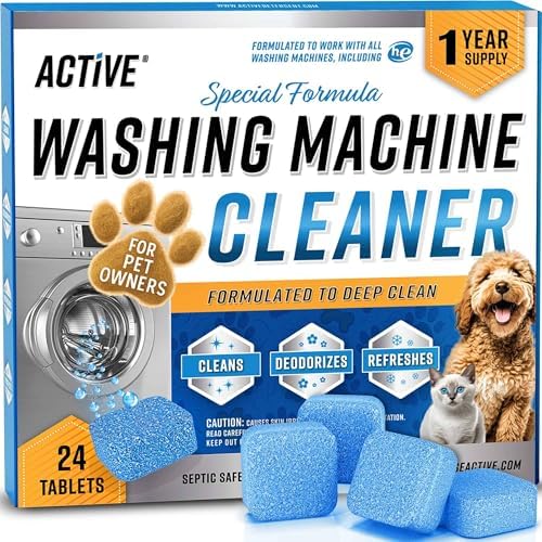 ACTIVE Washing Machine Cleaner for Pet Owners Enzymatic Deep Clean Descaler for Cat & Dog Hair, Urine, Odor, Residue, 24 Septic-Safe Tablets for Top Load, Front Loader, HE Washer Tub - 1 Year Supply by ACTIVE