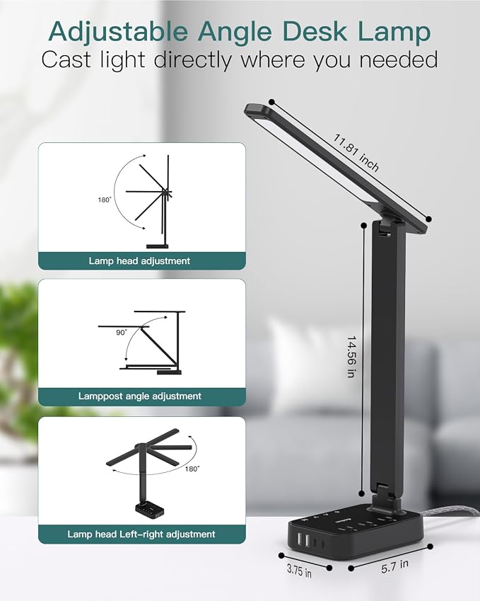 Addtam LED Desk Lamp, Power Strip with 3 Outlets 4 USB Charging Ports(2 USBC), 4 Modes 5 Level Brightness Touch Lamp, Small Desk Lamp for Home Office College Dorm Room Essentials, 10 FT - Image 4