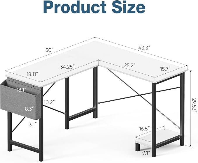 OLIXIS L Shaped Desk, 50-Inch Office Computer Gaming Desks Corner PC Table with Side Bag and Reversible Shelf for Home Work Study Writing White | Side Bag, Reversible Shelf, Home Work Study Writing, PC Workstation, Easy Assembly, White - Image 3