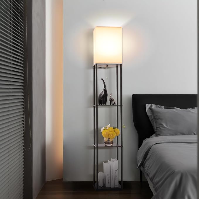 Gupuzm Floor Lamp with Shelves, Modern Square Standing Lamp with 3 Color Temperature Bulb, Corner Display Bookshelf Lamp for Living Room, Bedroom and Office (Black) - Image 8