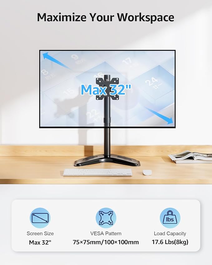 MOUNTUP Single Monitor Stands, Freestanding VESA Monitor Desk Mount fits 13'' to 32'' Computer Screen with Height Adjustable, Swivel, Tilt, Rotation, 17.6 lbs Load, For Home Office, VESA 75x75/100x100 - Image 2