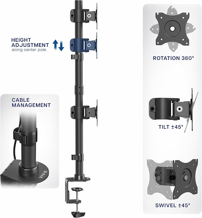 VIVO Dual Monitor Desk Mount Stand with Height Adjustment and VESA Plates for 2 LCD Ultrawide Screens up to 34 inches, Stacked Array, STAND-V002R - Image 5