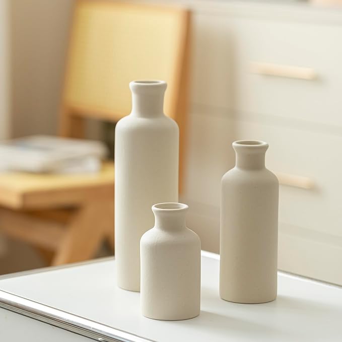 Modern Ceramic Vase Set of 3, Beige Colors, Decorative Bottles for Home, Farmhouse Rustic Decor, Housewarming Gifts, Wedding Gifts, Bridal Shower Gifts, Birthday Gifts for Women (Beige) - Image 3