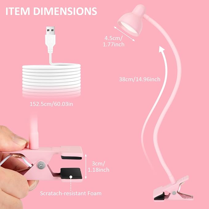 LiFMIRA Pink Small Desk Lamp Clip on LED Reading Light for Bed | 3 Color Modes 10 Dimmable Brightness, Book in Bed Headboard, Flexible Reading Lamp with Clamp BL08 - Image 5