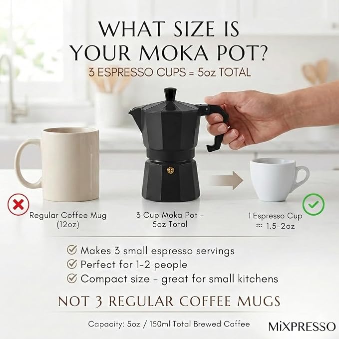 Mixpresso 3 Cup Moka Pot Stovetop Espresso Maker, Italian Cuban Coffee Pot | 5oz aluminum Italian coffee maker for gas and electric stovetops, small design for traditional espresso-style coffee at home - Image 2