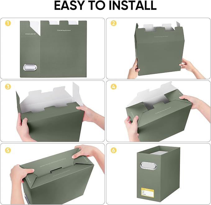 BALEINE File Organizer Box, Cardboard File Folder Organizer with Handle for Letter Size, Portable Collapsible Hanging Filing Box for Home Office Document Storage (4 Pack,Olive) - Image 6