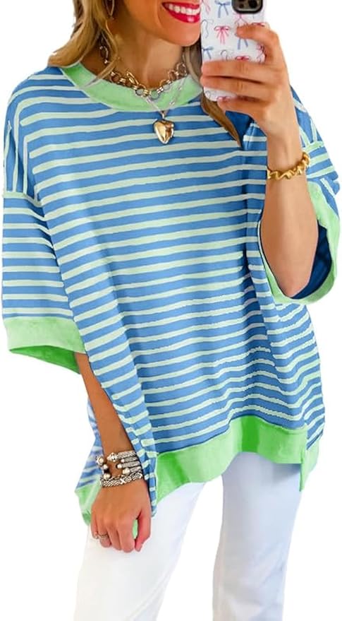 SHEWIN Womens Tops Casual Short Sleeve Sweatshirt Crewneck Striped Shirt Pullover T Shirts Loose Blouses by SHEWINBeYourFashionStylist