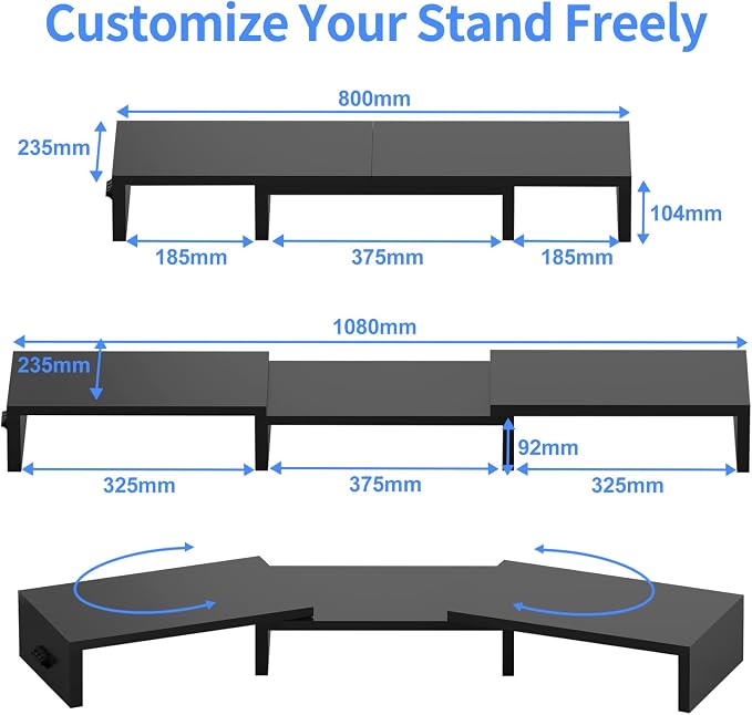 Pholiten Dual Monitor Stand Riser for 2 Monitors，Desktop Monitor Stand with Adjustable Length and Swivel Angles, Extra Long Multifunctional Stand up to 48.2" fit Computer Laptop Printer Max 44 lbs - Image 4