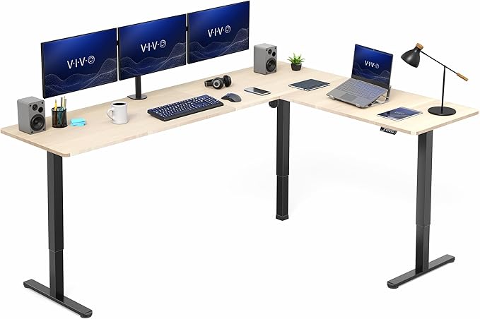 VIVO Light Wood 84 x 63 in Corner Standing Desk, DESK-E3CTBC-84 | Electric, Large Reversible L-Shaped Table, Sit Stand Height Adjustable, Memory Controller, Office Furniture Sets, Black Frame by Unknown