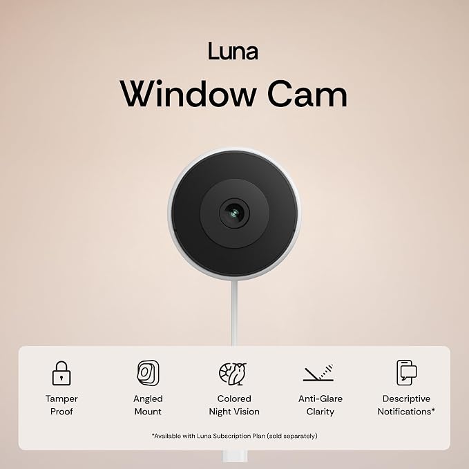 Luna 3MP 2K Window Camera, 2.4GHz & 5GHz WiFi6 Indoor Cameras for Home Security Outdoor, Smart AI Descriptive Motion Alert, Color Night Vision, Stick-On Glass-Angled Mount Wired, Easy & Quick Install - Image 2