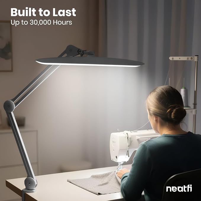 Neatfi XL 2200 Lumens 24W LED Desk Lamp – Shadow-Free Task Lighting | 4-Level Dimming | Home Office & Crafts Use | 20-Inch Wide Head (Silver, Non-CCT with Clamp) - Image 9