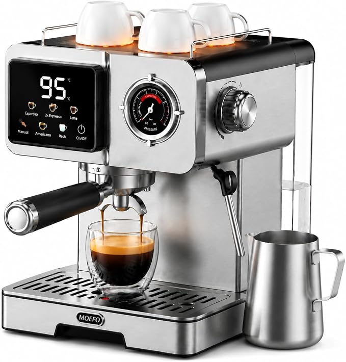 58mm Espresso Machine with Milk Frother, 20 Bar Semi-Automatic Coffee Maker, Visual Pressure Gauge & Touchscreen LCD Display, Professional Home Espresso Machine for Latte & Cappuccino, Silver by MOEFO