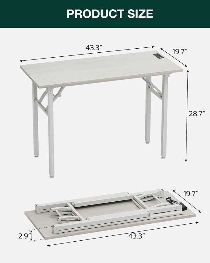 Frylr Small Folding Computer Desk – 43.3 Inch Portable Table for Craft and Study, Lightweight Desk for Small Spaces, Foldable Laptop Table Built-in AC/USB Outlets for Convenience, White Ash - Image 2