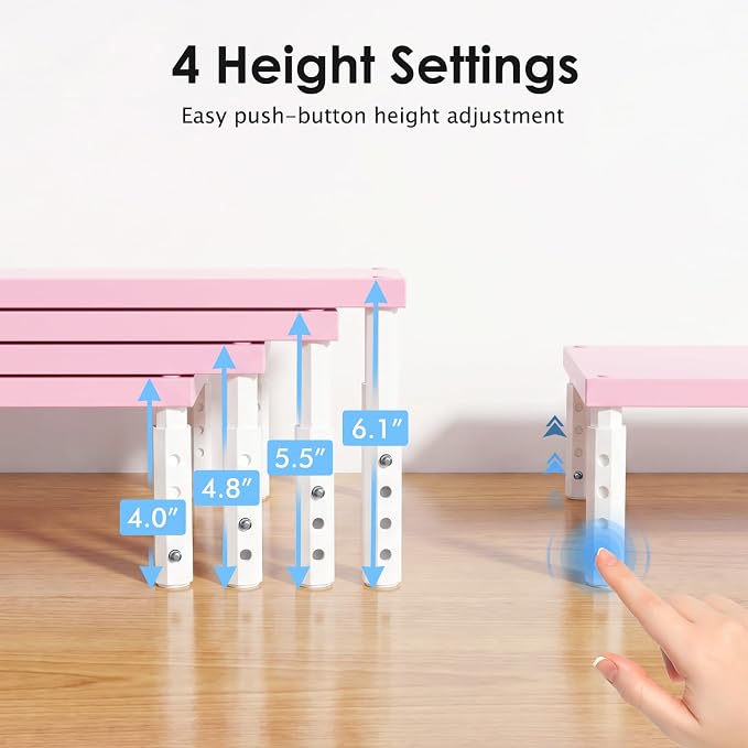 ECOLOVI 4-Height Adjustable Wood Computer Monitor Stand Riser, Desktop PC Printer Laptop Stand for Desk Organizer and Accessories, Office Desk Decor & Accessories for Women, Pink - Image 3