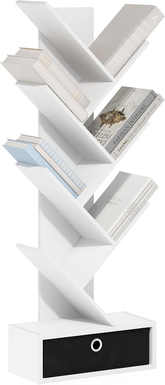 Furinno Tree Book Shelf, 7-Tier Bookshelf, Tree Bookcase with Bin Drawer, 8.4 x 16.9 x 46.2, for Living Room, Bedroom, Home Office, White/Black by Furinno-FitsYourSpaceFitsYourBudget