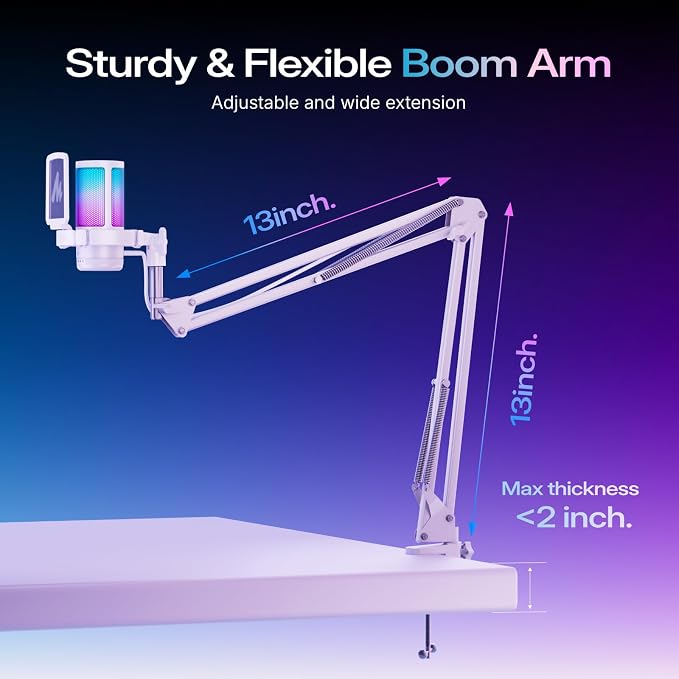 MAONO DGM20S USB Microphone for PC with Clear Voice & Noise Reduction | RGB Lighting, Tap-to-Mute, Gain Control, Monitoring and Boom Arm for Discord Gaming, Streaming, Content Creation.White - Image 8