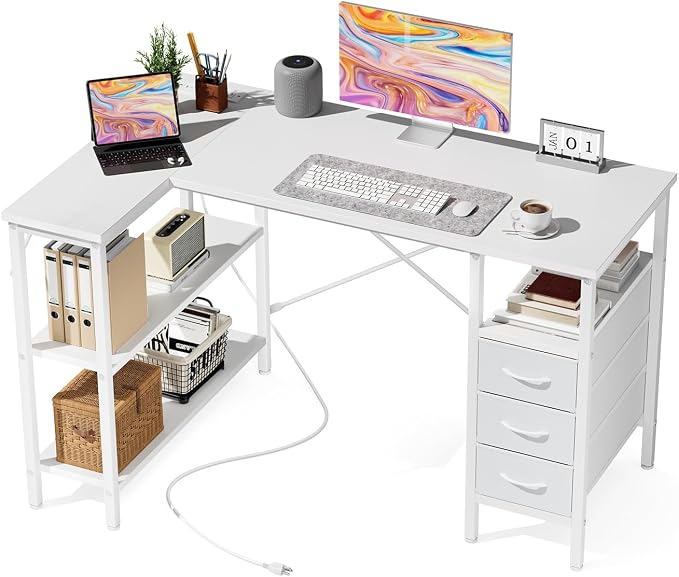 DUMOS L Shaped Desk with Power Outlet, Study Table | 47 Inch Corner Computer Gaming Unit, Adjustable Shelves, Home Office Bedroom, Modern White by DumosLifestyle