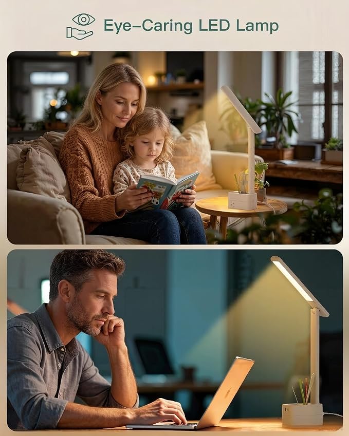 Addtam Desk Lamp with Pen Holder, LED Desk Lamps for Home Office, Power Strip with 3 Outlets 4 USB Charging Ports(2 USBC), 3 Color Modes Touch Lamp, Study Lamps for College Dorm Room Essentials, White - Image 5