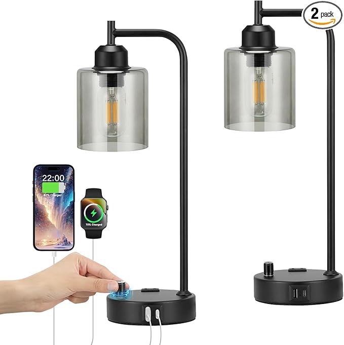 Industrial Desk Lamps for Office Set of 2 - Fully Dimmable Bedside Lamps with USB A C Ports and Outlet, Black Nightstand Lamps with Grey Glass Shade for Living Room, Table Lamps for Bedrooms Reading by Innqoo
