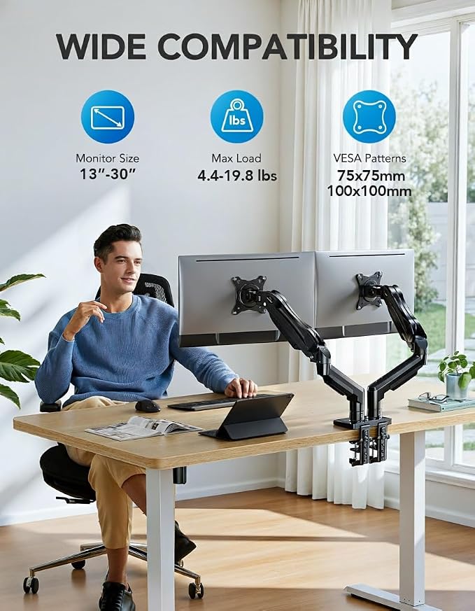 HUANUO FlowLift™ Dual Monitor Stand, Fully Adjustable Gaming Monitor Desk Mount for 13–30″ Computer Screens, Full Motion VESA 75x75/100x100 with C-Clamp & Grommet Base, Each Arm Holds 4.4 to 19.8 lbs - Image 2