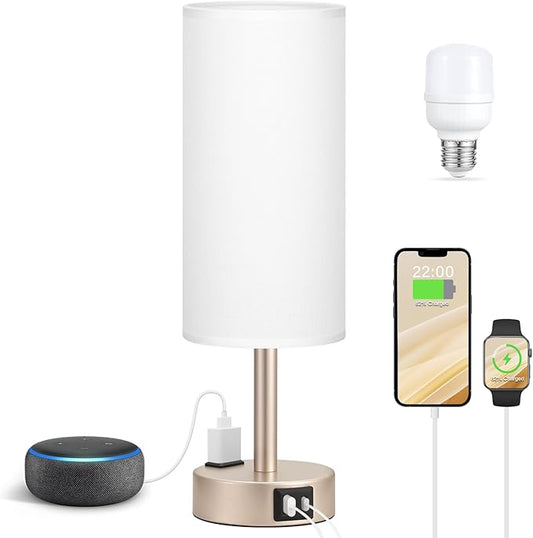 Antique White Bedside Table Lamp for Bedroom - 3 Way Dimmable Touch Lamp USB C Charging Ports and AC Outlet, Small Lamp Gold Base Round Flaxen Fabric Shade for Living Room, Desk, LED Bulb Included by Fenmzeelighting