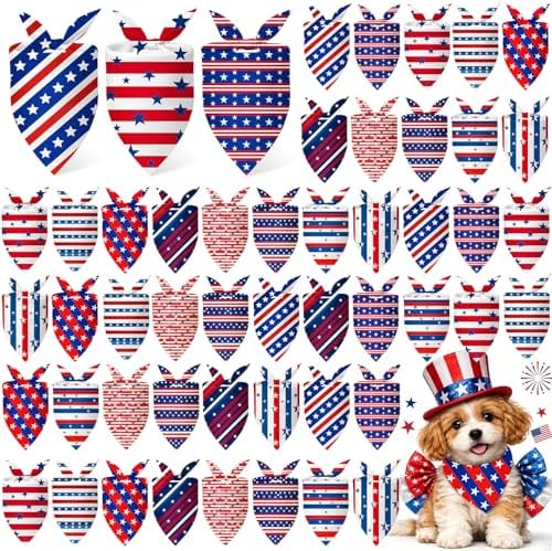 Weewooday 50 Pcs 4th of July Dog Bandanas Bulk for Patriotic 250th Anniversary, Red White Blue Striped Star Triangle Scarf for USA Memorial Small Medium Large(Striped Star, 19.7 x 13.8 x 13.8 Inch) by Weewooday