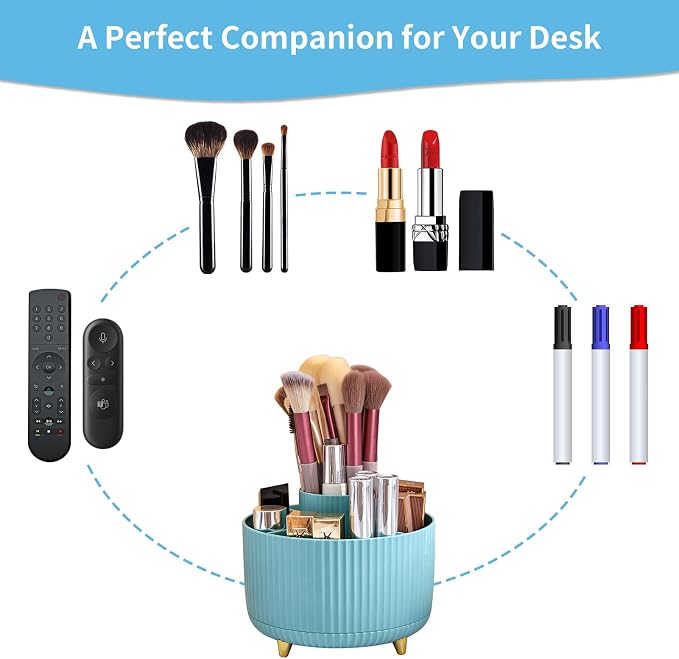 Marbrasse Desk Organizer, 360-Degree Rotating Pen Holder, Desk Organizers and Accessories with 5 Compartments Pencil Holder, Art Supply Storage Box Caddy for Office, Home（Light Blue） - Image 6