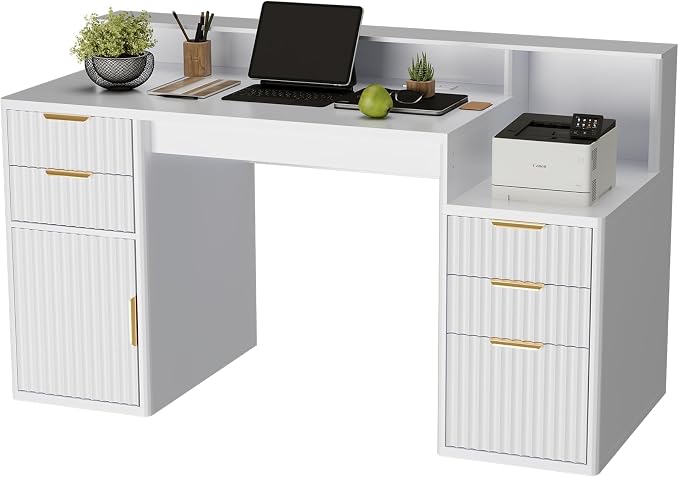 IDEALHOUSE Rectangular Computer Desk with Hutch & Printer Stand, Ripple Door Storage Home Office Desk, Space-Saving Study Writing Desk for Bedroom, Sturdy Board Student Desk with Easy Assembly - Image 8