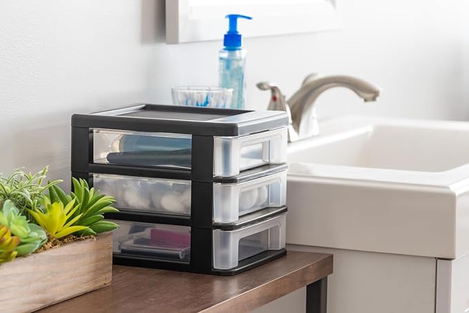 IRIS USA 2-Pack, 3-Drawer Small Plastic Stacking Desktop Organizer, Black | Organize office supplies, stationery, makeup, craft materials and everyday essentials for neat desktop storage - Image 2