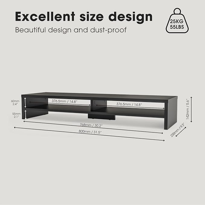 Fenge 31.5 Inch Dual Monitor Stand Riser for Desk, Black | Wooden Desk Shelf, 2-Tier Open Storage Compartment, for PC Laptop Screen Printer, Home Office Desktop Organizer - Image 4