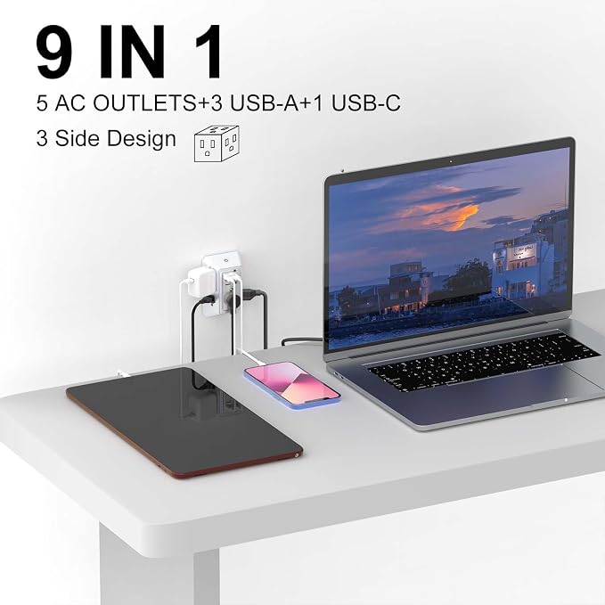 3-Sided Outlet Extender with Night Light - QINLIANF Multi Plug Outlet with 5 Outlets and 4 USB Ports(1 USB-C), USB Wall Charger for Home, Office, Travel, ETL Listed, White - Image 3