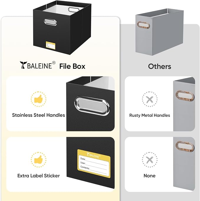 BALEINE File Organizer Box, Cardboard File Folder Organizer with Handle for Letter Size, Portable Collapsible Hanging Filing Box for Home Office Document Storage (2 Pack, Large Black) - Image 5