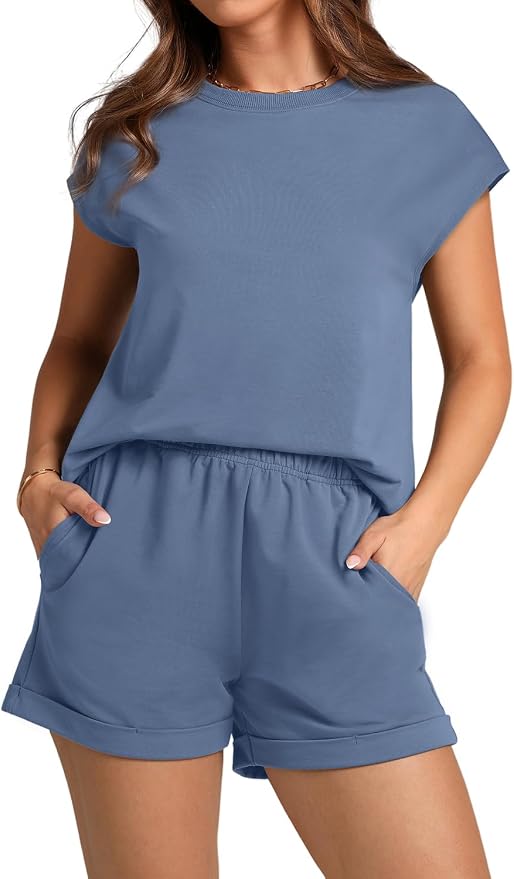 WIHOLL 2 Piece Sets for Women Casual Summer Travel Vacation Outfits Cap Sleeve Shorts Lounge Set - Image 2