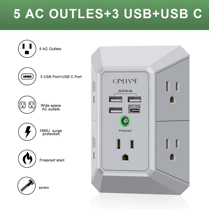 USB Wall Charger, Surge Protector, QINLIANF 5 Outlet Extender with 4 USB Charging Ports(3U1C) 3-Sided 1680J Power Strip Multi Plug Outlets Wall Adapter Spaced for Home Travel Office, Grey - Image 2