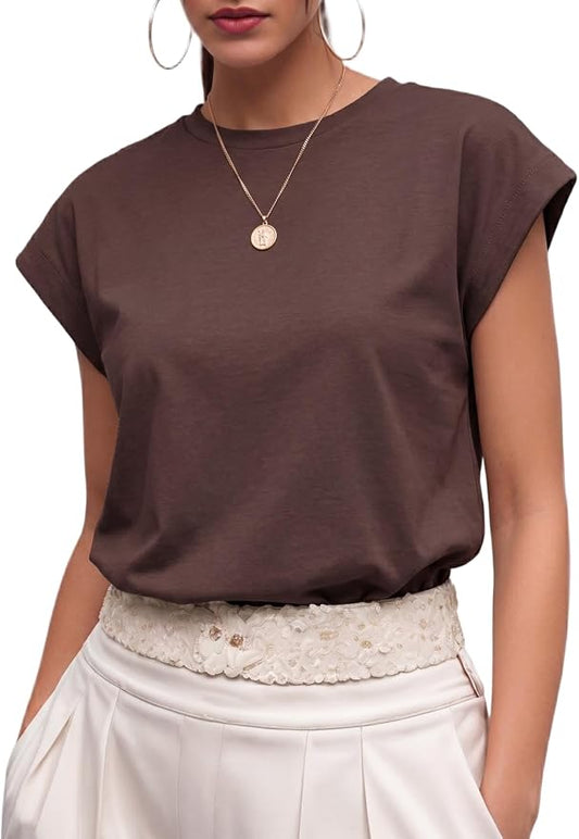GRECERELLE Womens Summer Tops Cap Sleeve Crew Neck Basic T-Shirt | Everyday Casual Wear, Layering Friendly, Wrinkle-Resistant, Business Casual Ready, Lightweight & Packable, Capsule Wardrobe by GRECERELLE