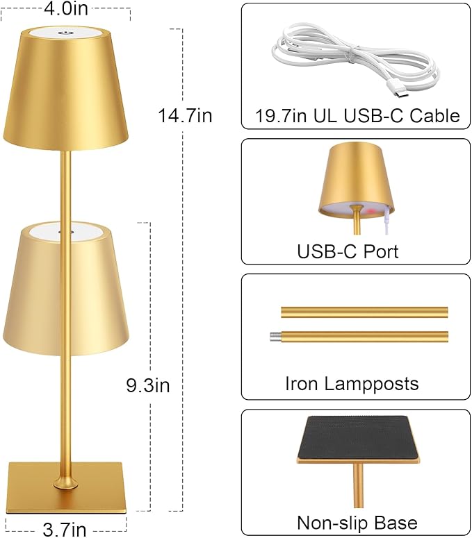 Kakanuo Gold Cordless Rechargeable Table Lamp 5000mAh Battery Operated Lamps, 3 Colors Stepless Dimming Touch Lamp for Living Room, Kitchen Counter, Dining, Outdoor Patio, 2 Pack - Image 5