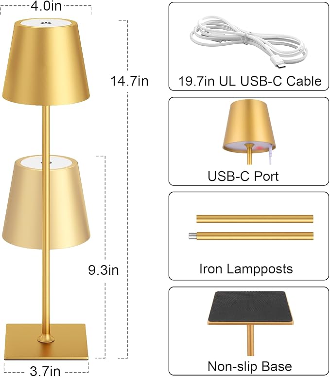 Kakanuo Gold Cordless Rechargeable Table Lamp 5000mAh Battery Operated Lamps, 3 Colors Stepless Dimming Touch Lamp for Dining, Living Room, Outdoor Patio, Kitchen Counter, 4 Pack - Image 5