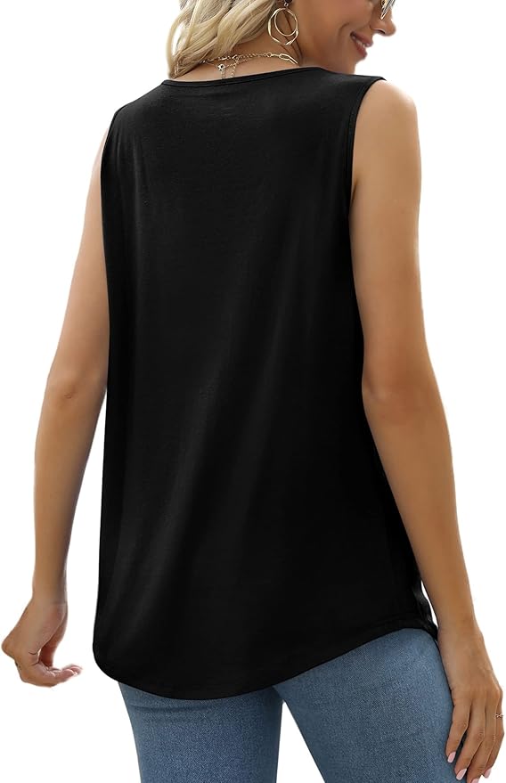 Saloogoe Summer Tank Tops for Women Loose Fit Pleated Square Neck Sleeveless Tops Curved Hem Flowy - Image 5