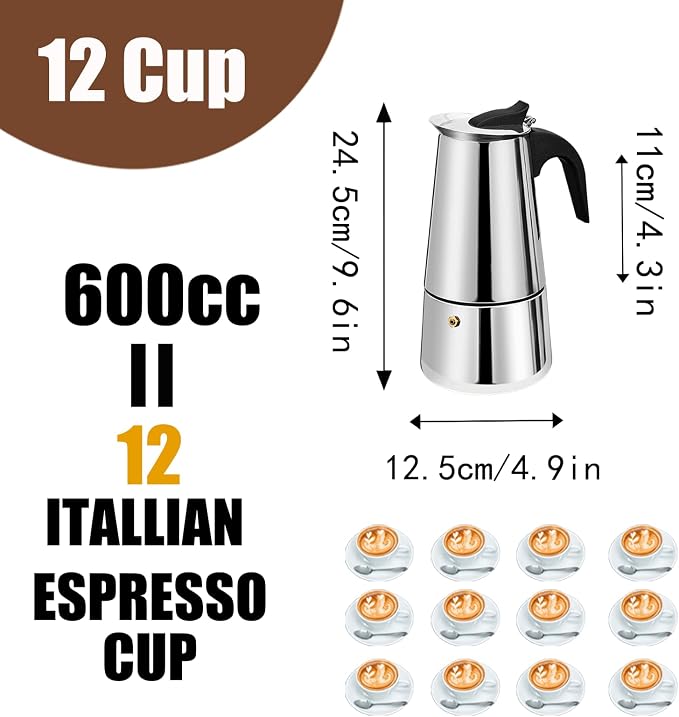 12 Cup Stovetop Espresso Maker Stainless Steel Moka Pot Stove Top Percolator Italian Coffee Makers Capable Mocha Greca Machine Cafe Classic Induction Cookers for Home and Camping 600ml 20oz - Image 2